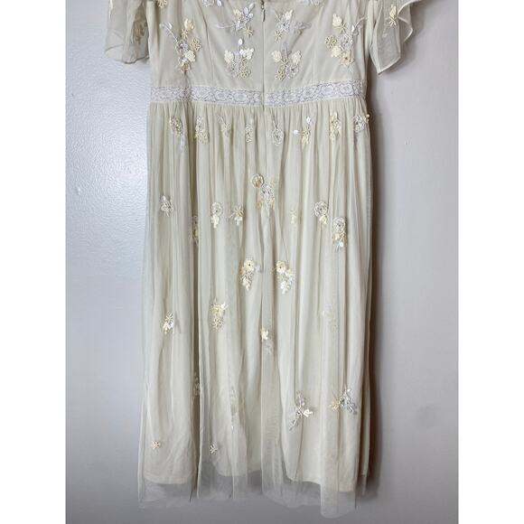 ADRIANNA PAPELL DRESS 14  FAIRY WHIMSICAL SEQUIN BEADED FLORAL SHEER FLUTTER - Picture 13 of 16